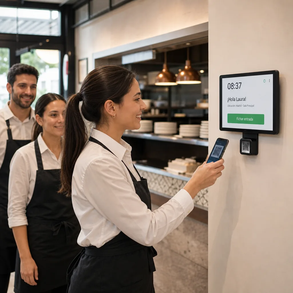 Tablet de fichaje con lector QR y personal de hostelería fichando con el móvil