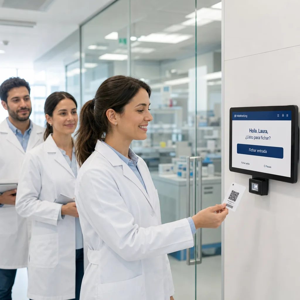 Tablet de fichaje con lector y personal de laboratorio fichando con tarjeta