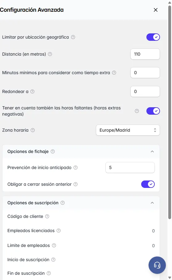Panel Configuración Avanzada de WeWorking con Opciones de fichaje: prevención de inicio anticipado y obligar a cerrar sesión anterior