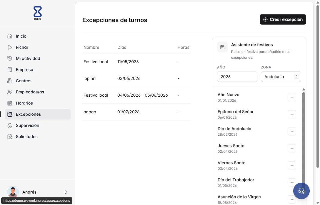 Excepciones de turnos y asistente de festivos en WeWorking