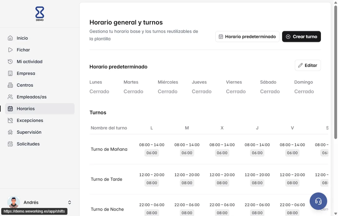 Horarios y turnos WeWorking Horario general y turnos reutilizables en WeWorking