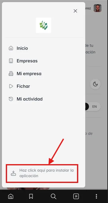 Instalar WeWorking desde el menú de la app en Android Menú de WeWorking en Android con el botón Instalar aplicación WeWorking