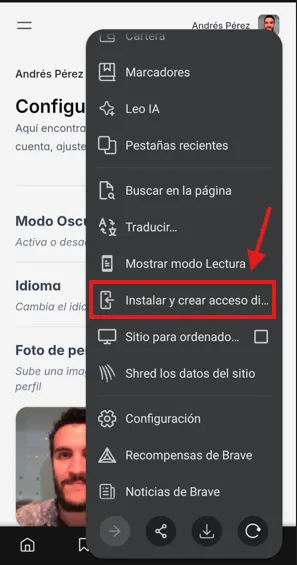 Instalar WeWorking desde el menú del navegador en Android Menú del navegador en Android con la opción Instalar y crear acceso directo