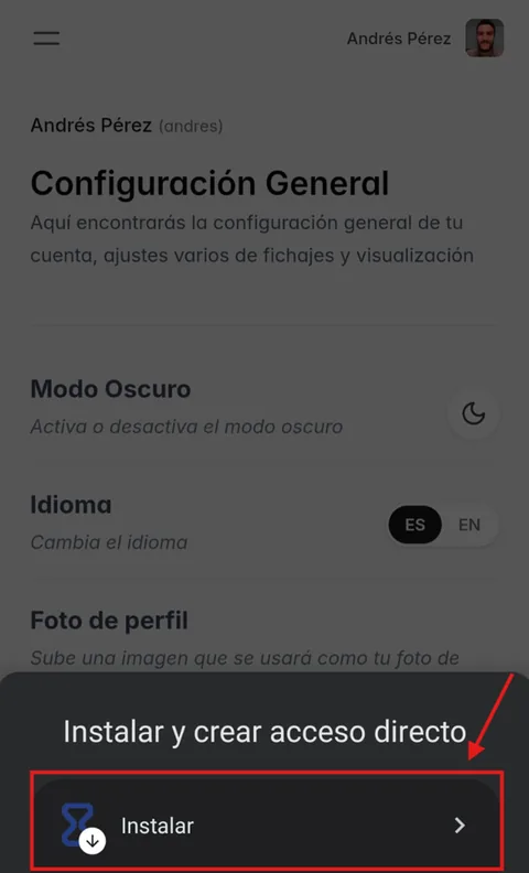 Confirmar instalación de WeWorking en Android desde Chrome Diálogo de Chrome en Android con el botón Instalar para WeWorking