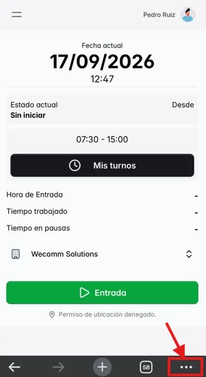 Abrir el menú de Chrome en iPhone para instalar WeWorking WeWorking en Chrome en iPhone con el menú de tres puntos marcado