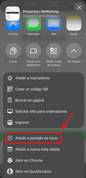 Añadir WeWorking a la pantalla de inicio desde Chrome en iOS Menú de Chrome en iPhone con Añadir a pantalla de inicio marcado