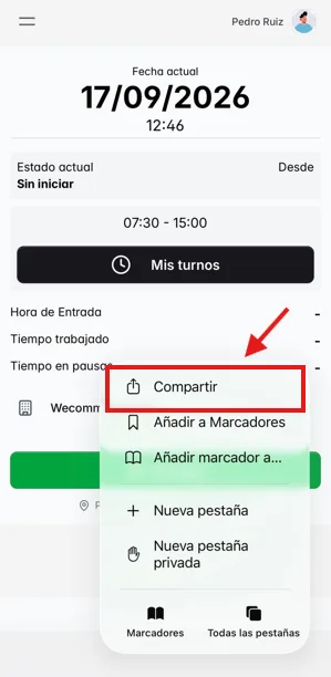 Elegir Compartir en Safari para instalar WeWorking Menú de Safari en iPhone con la opción Compartir marcada
