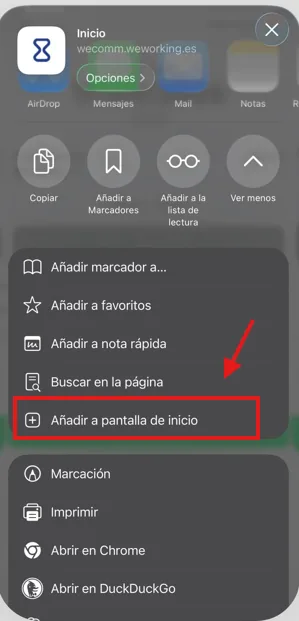 Añadir WeWorking a la pantalla de inicio desde Safari Hoja de compartir de iOS con Añadir a pantalla de inicio marcado