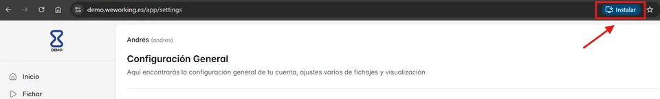 Instalar WeWorking como aplicación en el escritorio con Chrome Menú de Chrome en el ordenador con la opción Instalar WeWorking
