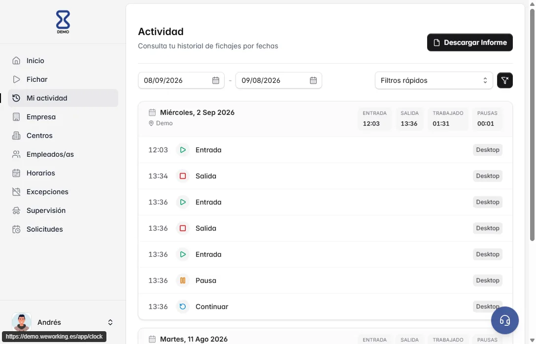 Pantalla Mi actividad: consulta de fichajes y jornada del empleado Pantalla Mi actividad: consulta de fichajes y jornada del empleado