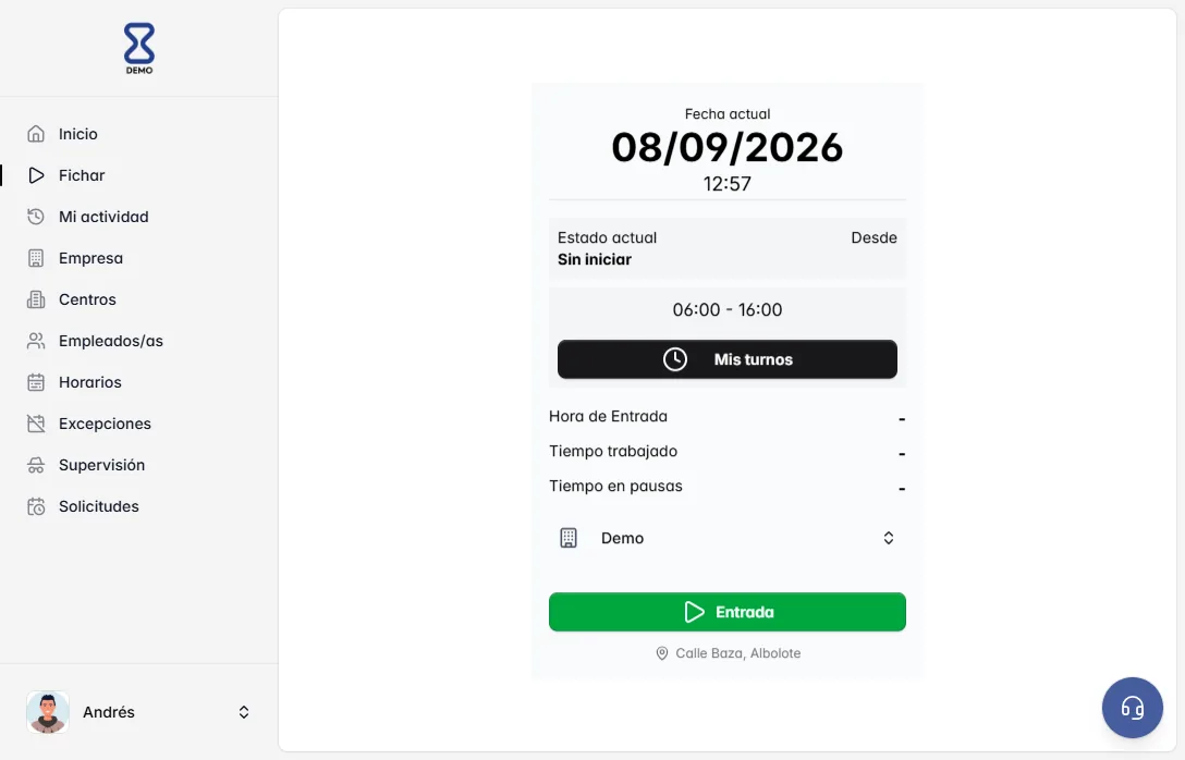Pantalla Fichar: registrar entrada, pausa y salida de la jornada Pantalla Fichar: registrar entrada, pausa y salida de la jornada