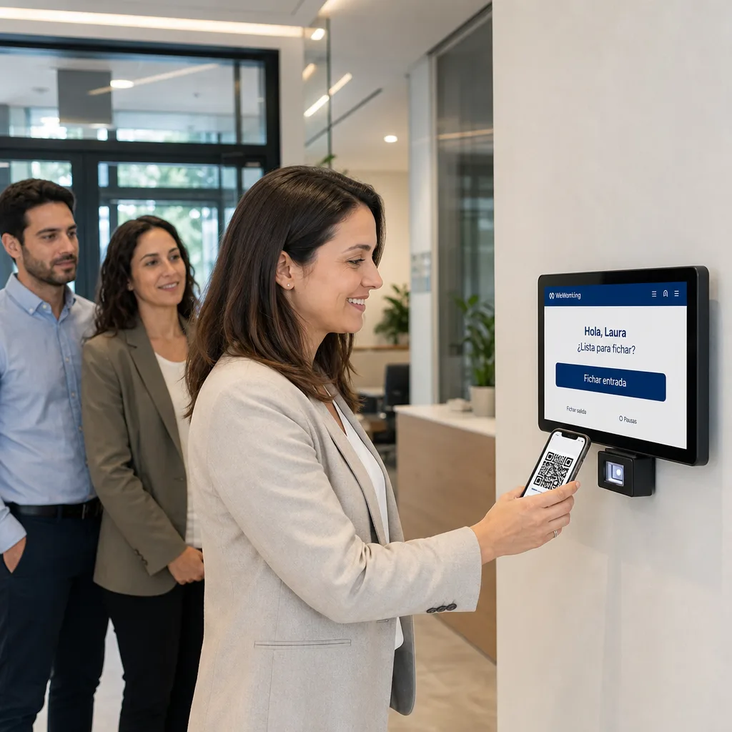 Tablet de fichaje con lector QR y empleada fichando con el móvil en oficina