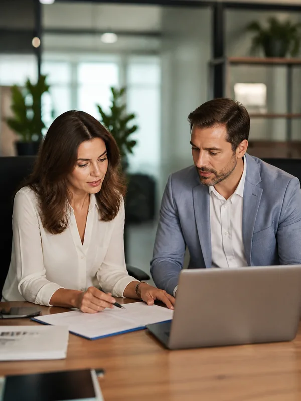 Profesionales de asesoría laboral revisando documentación