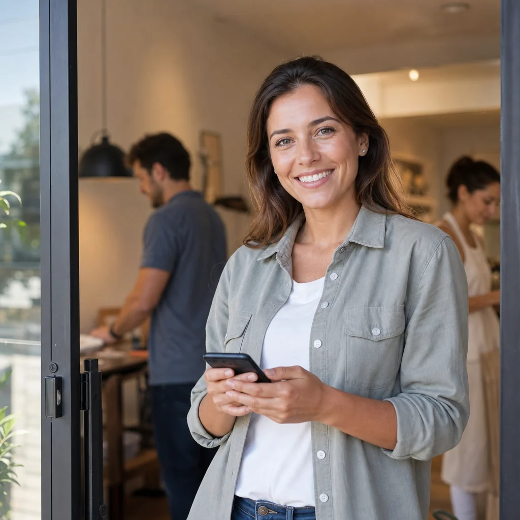 Responsable de una pequeña empresa fichando con el móvil y geolocalización con WeWorking