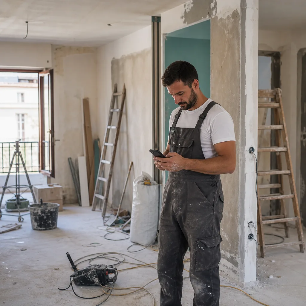 Trabajador de construcción fichando con el móvil y geolocalización en obra con WeWorking