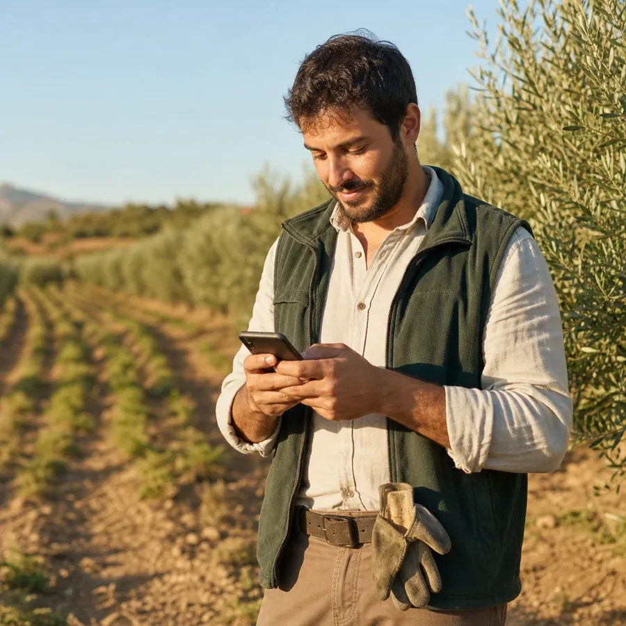 Trabajador de temporada en el campo fichando con el móvil y geolocalización con WeWorking