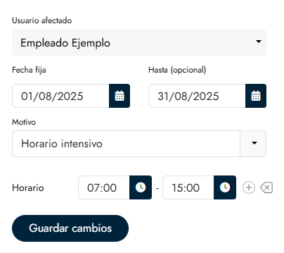 Cómo añadir horarios especiales
