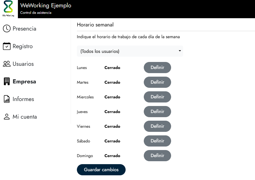 Definir el horario general de la empresa