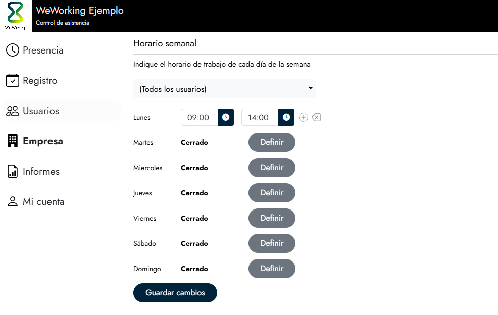 Definir el horario general de la empresa 2