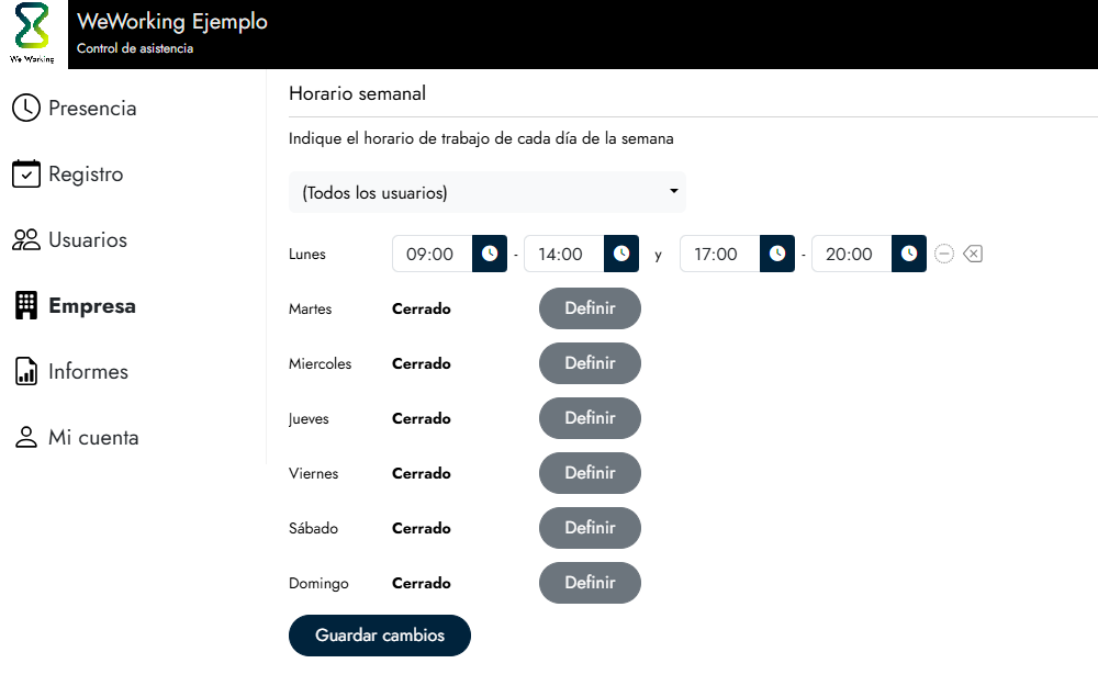 Definir el horario general de la empresa 3